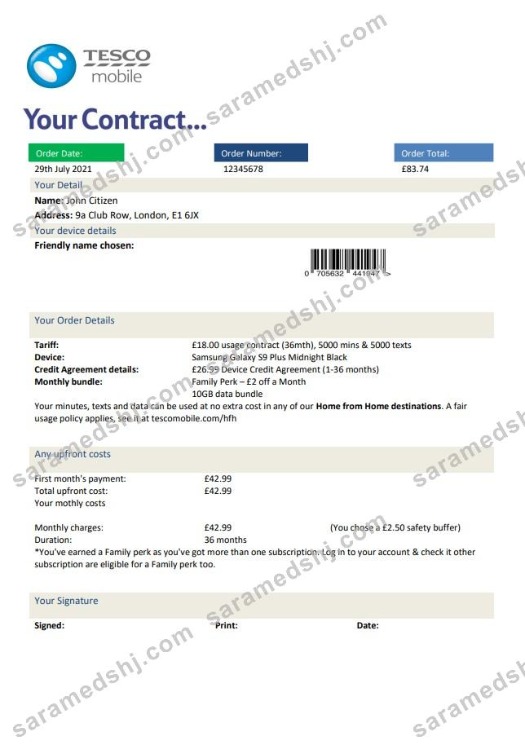 United Kingdom Tesco Mobile utility bill template in Word and PDF format